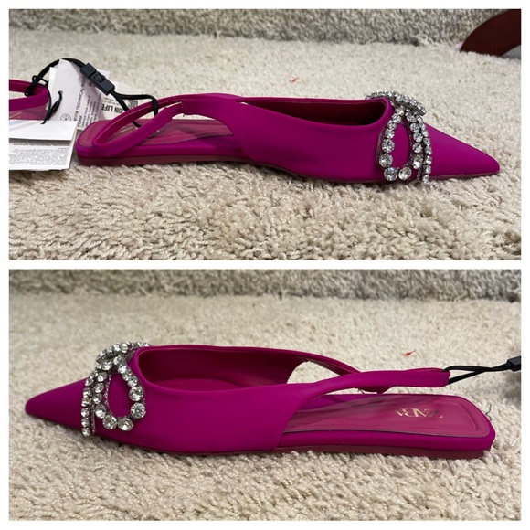 NWT! ZARA  FLAT MULES WITH EMBELLISHED BOW FUCHSIA - Picture 3 of 8